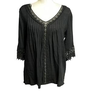 Knox Rose Women's Black Lace V-Neck Pleated Gauze 3/4 Sleeve‎ Boho Blouse Small